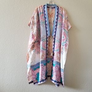 NWOT Chico's 100% Silk Paisley Printed Swim Cover Open Cardigan Size S/M